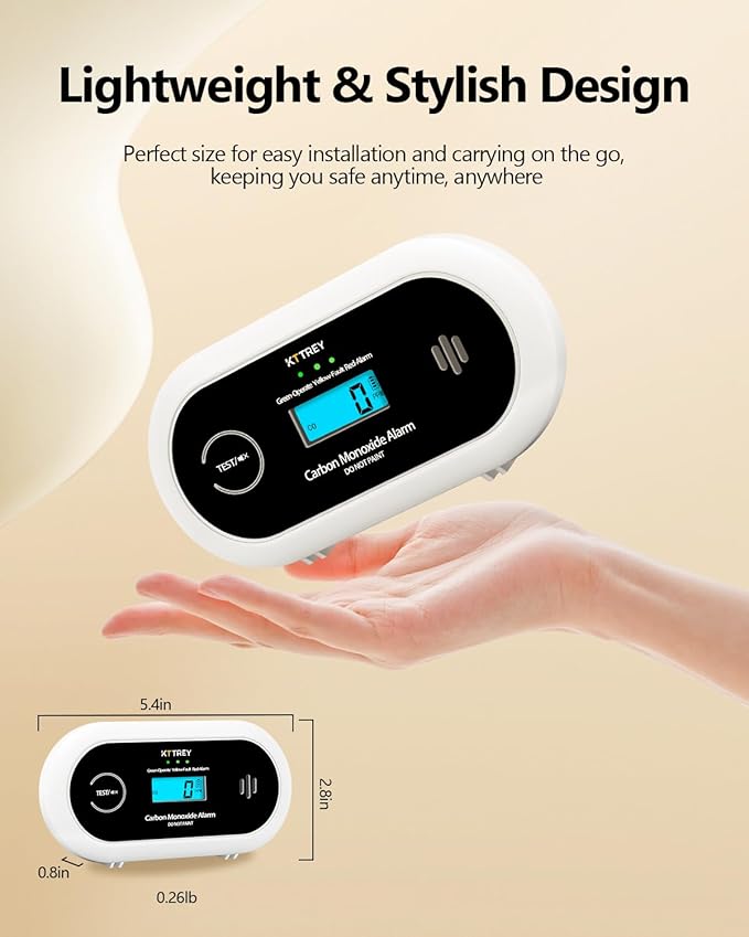 Carbon Monoxide Detector, 10 Year Battery Powered CO Detector with Digital LCD Display and LEDs, Portable CO Alarm for Home and Travel