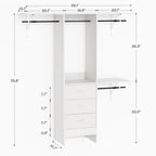 YOUDENOVA 5FT Closet System with 3 Drawers, 59 Inches Wood Closet Organizer System, Walk-in Closet Built In System Tower, Closet Wardrobe Clothes Garment Racks, White