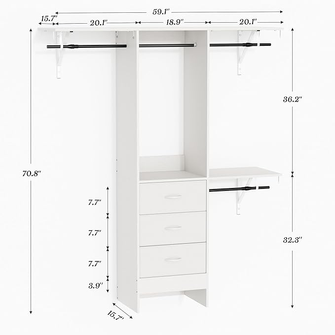 YOUDENOVA 5FT Closet System with 3 Drawers, 59 Inches Wood Closet Organizer System, Walk-in Closet Built In System Tower, Closet Wardrobe Clothes Garment Racks, White
