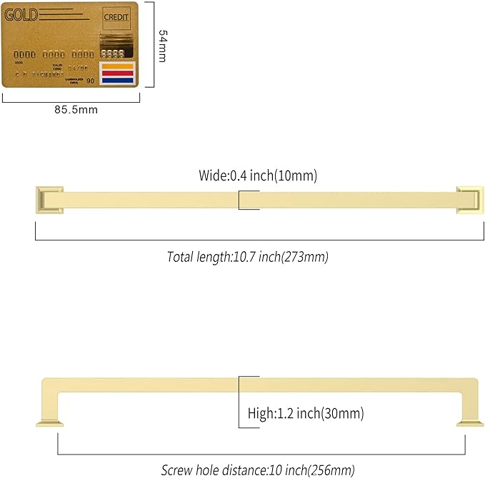 10 Pack 10"(256mm) Brushed Gold Cabinet Pulls Kitchen Cabinet Handles Gold Drawer Pulls Cupboard Hardware for Cabinets