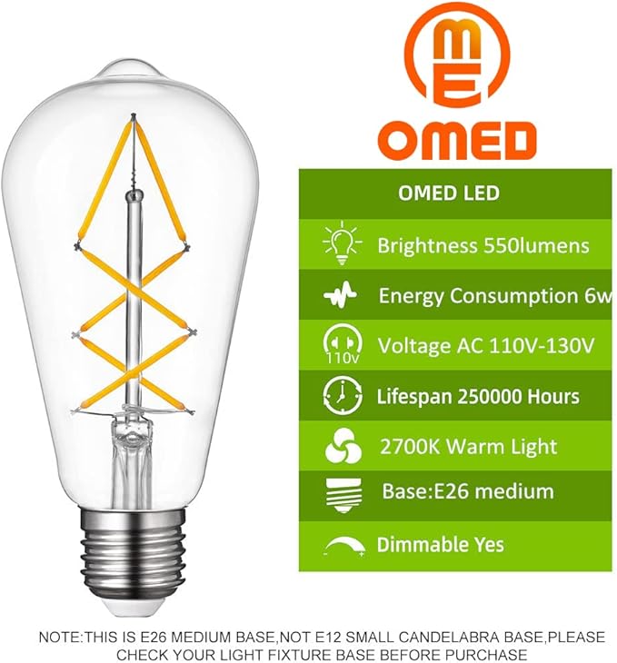 OMED Dimmable E26 LED Edison Bulb 60 watt, Clear Glass 2700k Soft White Vintage Light Bulbs, Cross LED Filament Retro Edison Bulbs for Ceiling Fan, Porch,Bathroom, Farmhouse Light Bulbs 6 Pack