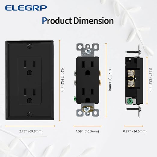ELEGRP Decorator Receptacle, 15A 125V Standard Electrical Wall Outlet, 2 Pole 3 Wire, Non-Tamper Resistant, NEMA 5-15R, Self-Grounding Residential Grade, w/Wall Plate, UL (Glossy Black, 50 Pack)