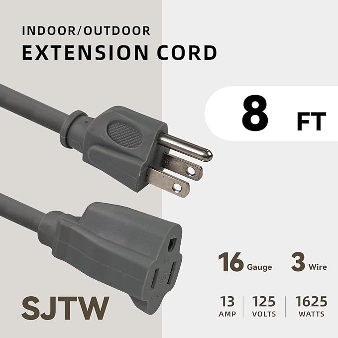 8ft Outdoor Extension Cord for Christmas Decorations- 16/3 Heavy Duty SJTW Waterproof Gray Electrical Cable with 3 Prong Grounded Plug for Safety, Great for Lawn and Major Appliances