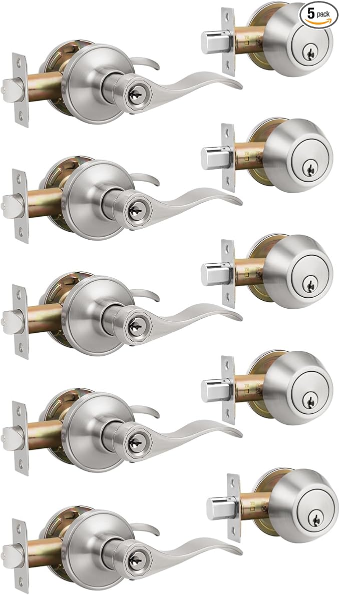Keyd Alike Entry Door Handle and Single Cylinder Deadbolt Combo Locksets in Satin Nickel, Wave Style Lever with Lock and Deadbolt, for Exterior/Front Doors,5Pack
