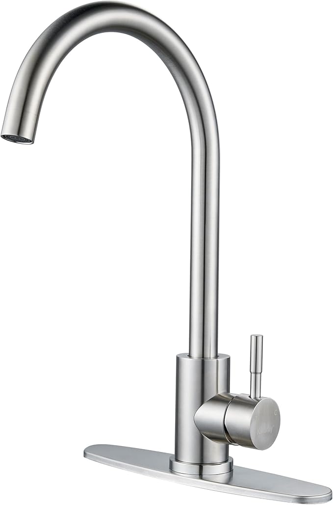 Single Handle High Arc Brushed Nickel Kitchen Faucet Stainless Steel Commercial Single Hole Kitchen Sink Faucet, Modern One Hole Bar Sink Faucet with Deck Plate