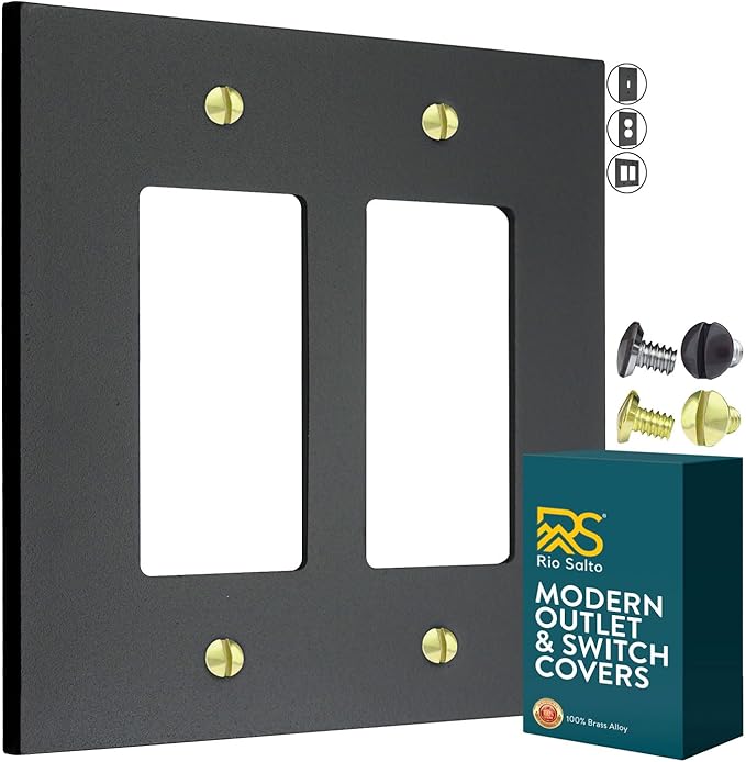 RIO SALTO Modern Metal Matte Black Double Decorator Wall Outlet Cover Light Switch Cover Double Rocker Decora Electrical Decorator Wall Plate Electric Outlet Covers Black Receptacle - Midsize 2 Gang