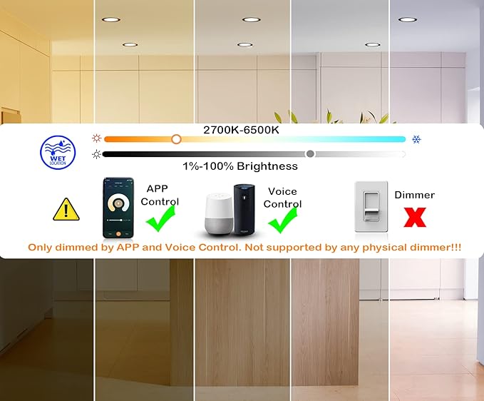 [6 Pack] CLOUDY BAY 4inch Smart WiFi LED Recessed Lights,RGB Color Changing Recessed Lighting,Compatible with Alexa and Google Home Assistant,10W 2700K-6500K,CRI90+ Wet Location,Oil Rubbed Bronze
