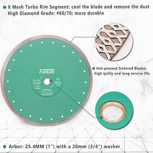 Diamond Porcelain Saw Blade,2pcs 12"/300MM Super Thin Dry Wet Cutting Disc with X Teeth Turbo Mesh Rim,for Ceramic Tile Porcelain Granite Marbles