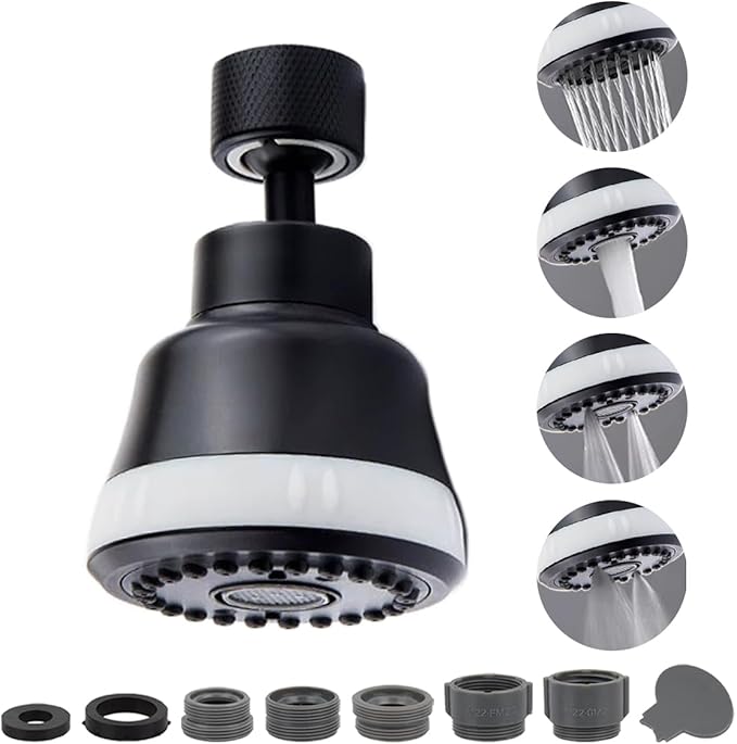 Faucet Aerator Faucet Sprayer Attachment, Kitchen Faucet Head Replacement with 4 Spray Modes, 360° Swivel Faucet Extender Anti-Splash Sink Sprayer Faucet Nozzle Head (Diamond, Black)