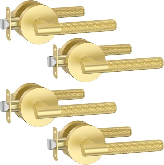 Asidrama 4 Pack Passage Gold Door Handles, Door Lever with Door Knobs Indoor for Bedroom or Bathroom, Heavy Duty Brushed Gold Door Handles Interior with Locks for Left Right Sided Doors