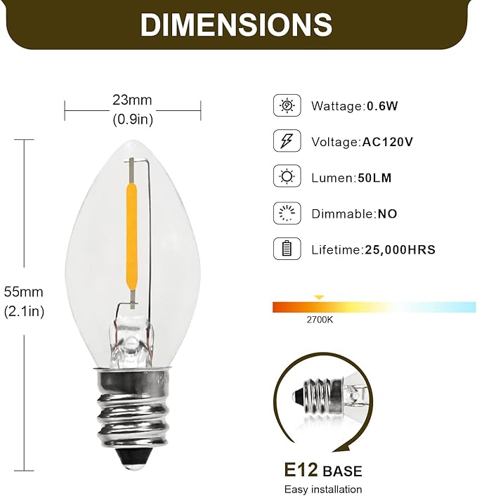 C7 0.6W 2700K Featuring Standard E12 LED Bulb Candelabra Base Replacement Night Light 6 Pack