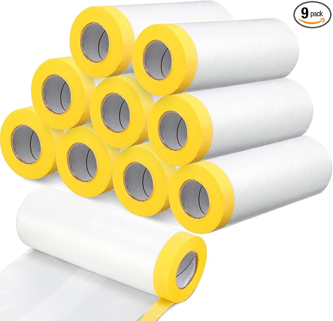 Seajan 9 Roll Painters Plastic with Tape Pre Taped Masking Film for Painting Automotive Paint Adhesive Protective Film Masking Tape Roll Plastic Painting Covering (White,5 x 65 Ft)