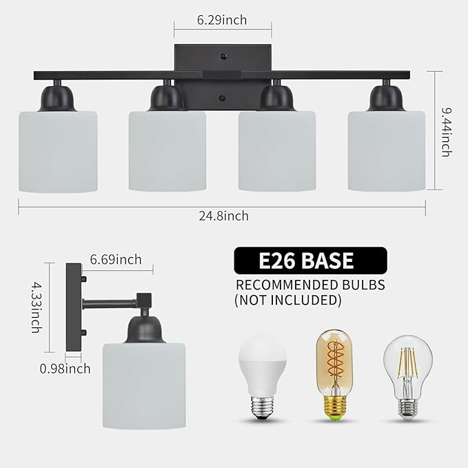 4-Light Black Bathroom Vanity Light, Light Fixtures with Milky White Frosted Glass Shades, Black Vanity Light for Bathroom Mirror, Bedroom, Living Room, Vanity Table, E26 Base