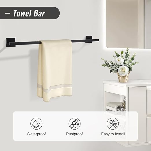 YACVCL Matte Black Towel Bar Set 10-Piece Bathroom Hardware Accessories Set,Black Bathroom Towel Holder Set 23.6 Inch Towel Bar Stainless Steel Wall Mounted Towel Rack Set