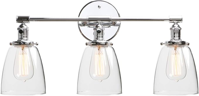 Phansthy 3-Light Wall Sconces Antique Brass Vanity Light, Industrial Wall Lamps with On Off Switch and Clear Glass Lampshade, Vintage Wall Lighting for Bathroom Living Room (Chrome, Bell Shade)