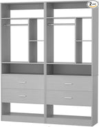 4FT Closet System with 4 Wood Drawers, 48" Closet Organizer System with 10+ Small Shelves & 2 Hanging Rods, Walk-in/Nursery Closet Systems, Set of 2, Grey (48" L x 15" W x 80" H)