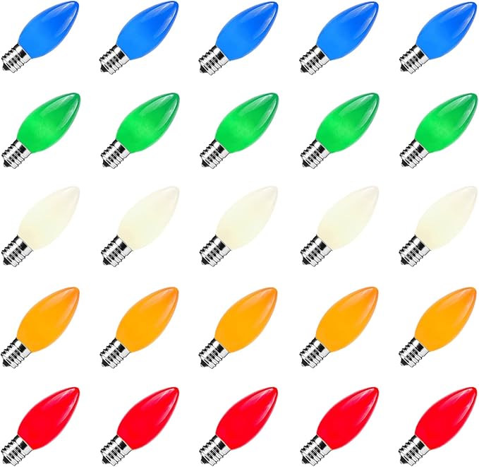 25 Pack C9 Multicolor Christmas Light Bulbs, C9 Multicolor Replacement Bulbs for Outdoor Patio Christmas String Lights, 7W Incandescent Night Light Bulbs, C9/E17 Intermediate Base Bulb,120V 7W bulb