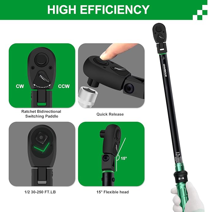 Split Beam Torque Wrench 1/2 Drive, 30-250 ft.lb Split Beam Torque Wrench, 1/2 Drive with Flexible Head, Suitable for Car, Motorcycle