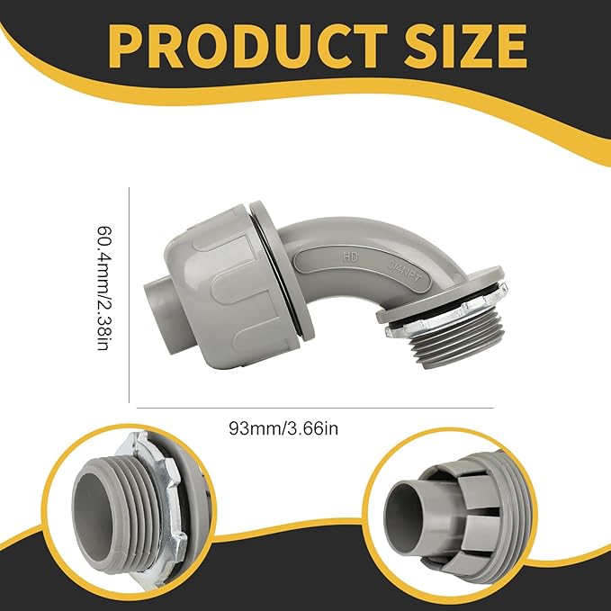 Conduit Connectors, 3/4 Inch Liquid Tight Connector NPT Non-Metallic for PVC Electrical Flexible Conduit Fittings, 90 Degree, UL Listed for Home Outdoor Tubes Tools, Grey (48-Pack)