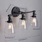 Phansthy 3-Light Wall Sconces Antique Brass Vanity Light, Industrial Wall Lamps with On Off Switch and Clear Glass Lampshade, Vintage Wall Lighting for Bathroom Living Room (Black, Bell Shade)