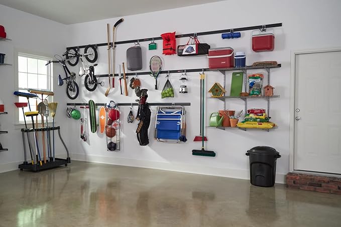Rubbermaid 24-Piece FastTrack Garage Wall-Mounted Storage Kit, 6 Rails and 18 Hooks, Black, for Home/House/Tool/Sports/Equipment/Utility Purposes