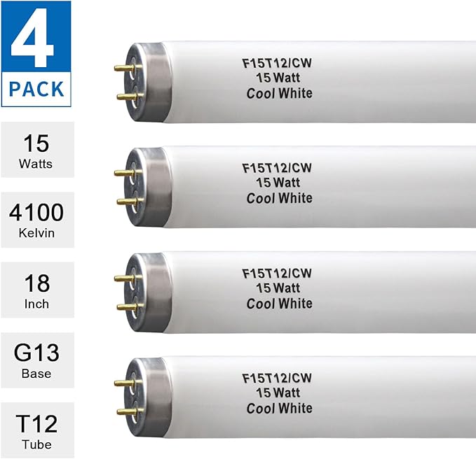 F15T12-CW T12 15 Watt 18 Inch Fluorescent Light Bulb,F15T12-CW 15 Watt Cool White,4100K,T12 Linear Fluorescent Lamp,Medium Bi-Pin G13 Base,850 Lumens(4Pack)