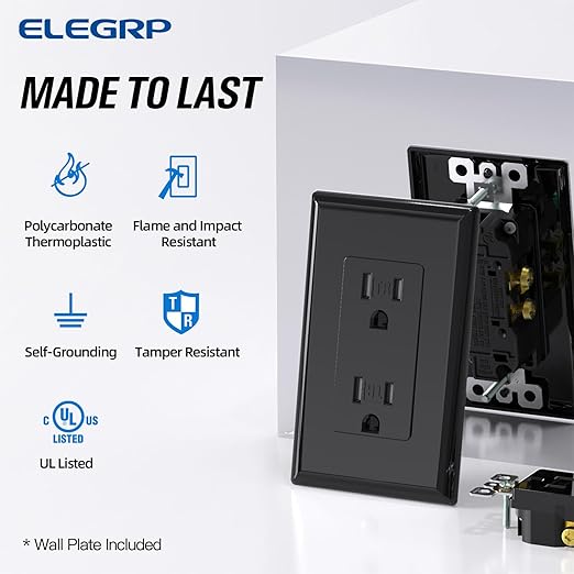 ELEGRP Decorator Wall Receptacle Outlet, Tamper Resistant 15A 125V Standard Electrical Wall Outlet, Residential Grade, Self-grounding, with Screwless Wall Plate, UL (50 Pack, Glossy Black)