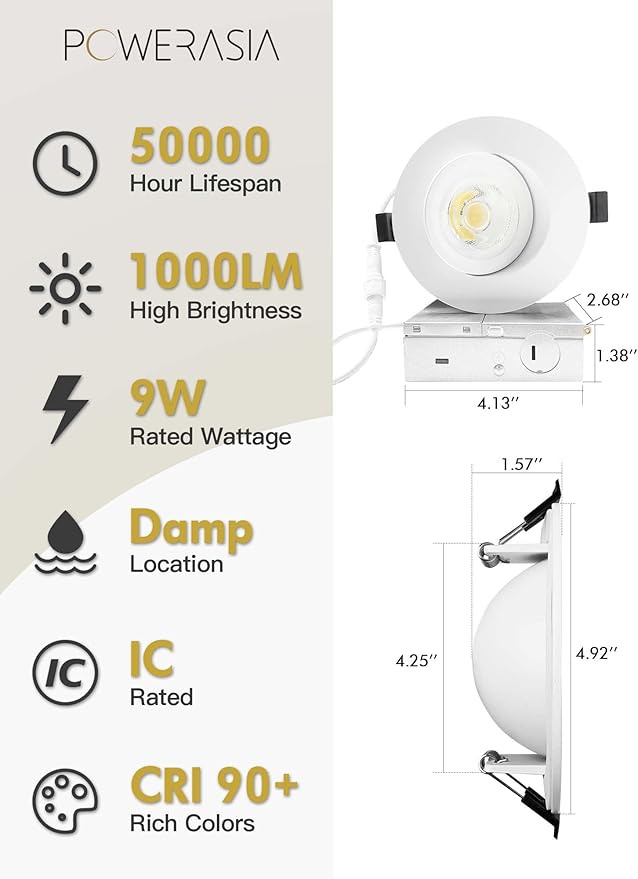 12 Pack 4 Inch Gimbal LED Recessed Lighting with Junction Box, 5CCT 2700K-6000K Selectable, 360°+90° Adjustable Directional Eyeball Light, 9W 1000LM Slim Canless Downlight - ETL and Energy Star