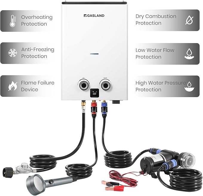 GASLAND Goshower 2.64GPM Outdoor Propane Tankless Water Heater 10L, Compact Portable Hot Water heater with Pump & Pipe Strainer for Off Grid, Portable Camping Water Heater, 68,000 BTU, G10 Pro