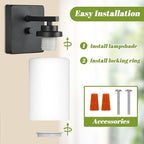 Set of 2 Wall Sconces for Bathroom, Modern Vanity Light Fixtures, Matte Black Wall Mount Lighting Lanterns, Farmhouse Wall Lights with White Glass Shade for Bedroom Living Room Mirror Hallway Kitchen