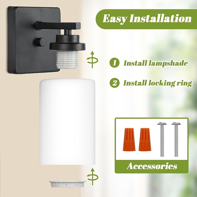 Set of 2 Wall Sconces for Bathroom, Modern Vanity Light Fixtures, Matte Black Wall Mount Lighting Lanterns, Farmhouse Wall Lights with White Glass Shade for Bedroom Living Room Mirror Hallway Kitchen