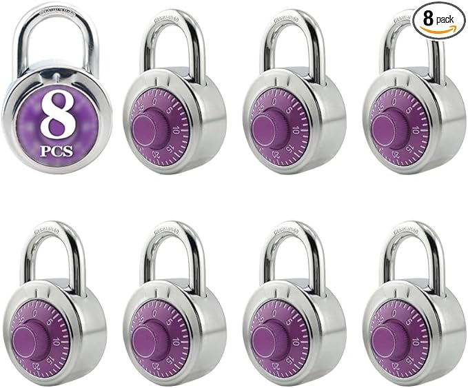 ZonRo Locks Combination Padlock, Fixed Dial Combination Padlock 8 Pack,3 Digit Code Standard Dial Combination, 2 in Wide. 3 in Height,Purple Turntable, Lock for Gym & Locker, School, Toolbox
