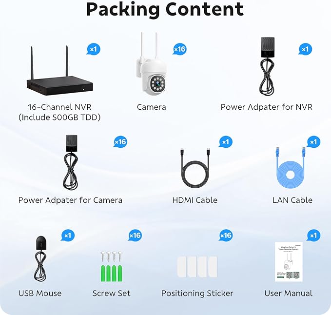 CAMCAMP Home Security Camera System, 16CH 4K NVR, 16PC PTZ WiFi Security Cameras Wireless Outdoor, Need Plug Charge, Auto Human Tracking, 2 Way Audio, 3 Night Vision, CCTV Surveillance Kit(16, White)