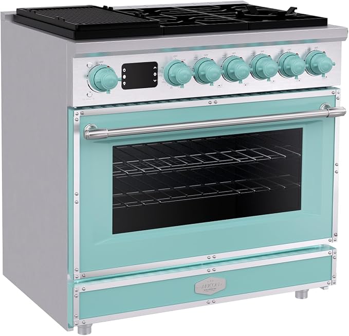 Akicon 36" Freestanding Gas Cooktop Oven Combo, Features 6 Sealed Burners, 5.2 Cu.ft Rapid Convection Oven, Convertible Fuel (NG/LP), Durable Cast Iron Grating (BESBESB1)