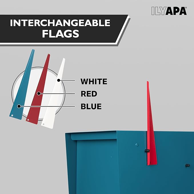 Ilyapa Modern Mailbox for Outside Post Mount - Blue Powder Coated Metal Mailbox, Waterproof Letter Box for Parcels, Recessed Magnetic Close Door