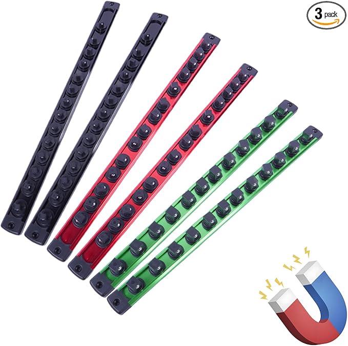 Magnetic Socket Holder Organizer Set: 6-Piece 1/4, 3/8, 1/2 Drive Socket Trays Socket, 360° Swivel Clips Socket Holder Kit, For Automotive Mechanic Garage (Black Red Green)