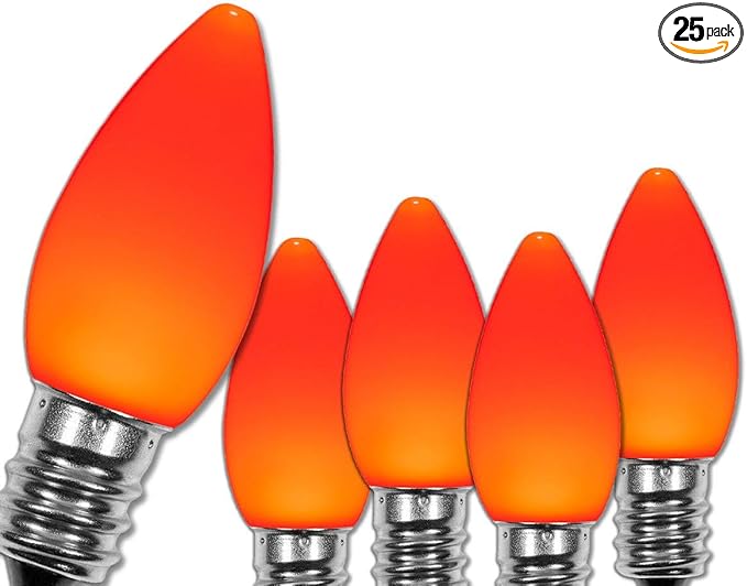 Wintergreen Lighting 25 Pack OptiCore C7 LED Christmas Light Bulbs - Replacement LED Christmas Lights Heavy Duty Premium Outdoor Christmas Lights, E12 Base (Amber/Orange Smooth)