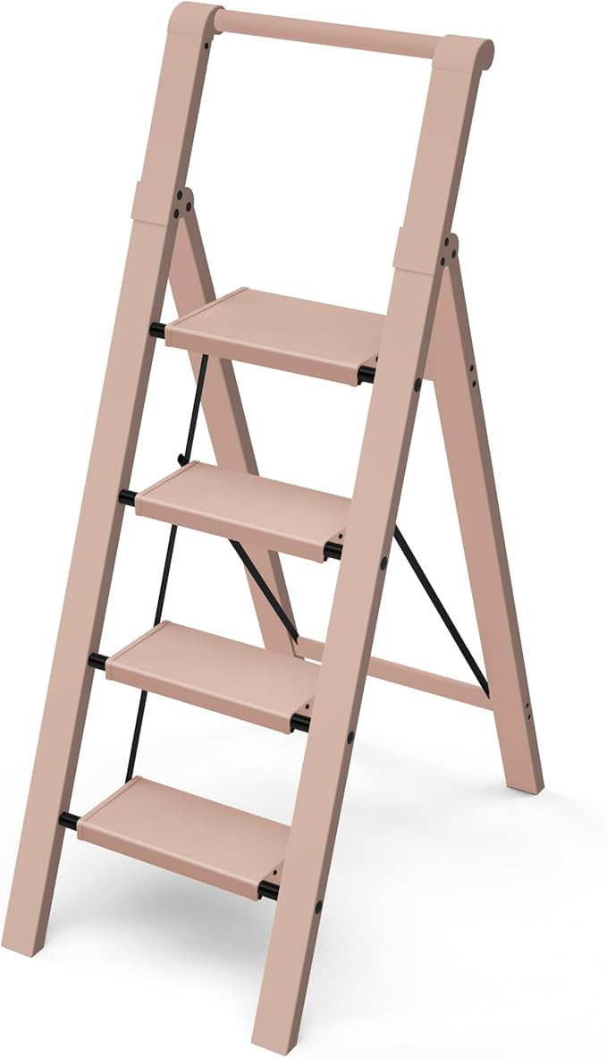 Taranta 4 Step Ladder, Lightweight Aluminum Step Stool with Convenient Handgrip, Folding Ladder with Anti-Slip Pedals, 330lbs Capacity Stepladder for Home, Office, Kitchen - Peach Pink