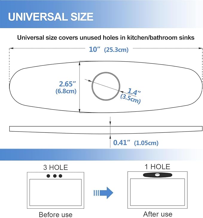 10 Inch Sink Faucet Hole Cover Deck Plate, 304 Stainless Steel Escutcheon Plate for 1 or 3 Hole Kitchen or Bathroom Sink Faucet, Matte Black Finish for Pull Down/Pull Out and Mixer Tap