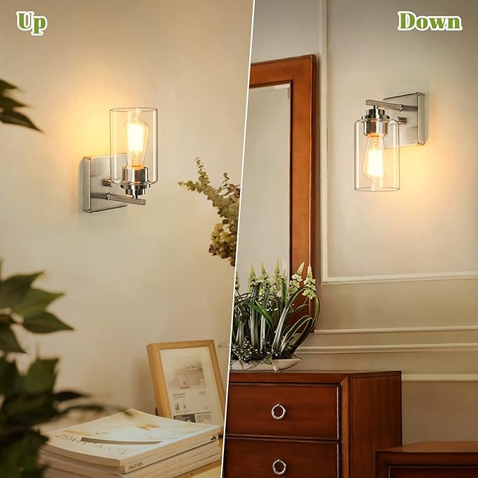 Set of 2 Wall Sconces for Bathroom, Brushed Nickel Vanity Light Fixtures, Modern Wall Mount Lighting Lanterns, Farmhouse Wall Lamps with Clear Glass Shade for Bedroom Living Room Mirror Hallway Porch