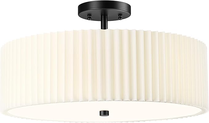 Semi Flush Mount Ceiling Lights, 4-Light 18" Matte Black Ceiling Light Fixture with White Pleated Fabric Shade, Drum Lamp for Nursery Hallway Bedroom Kitchen, AD-25036-4SF-BK