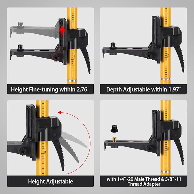 Laser Level Pole with Tripod, Telescoping Laser Level Tripod, 12 Ft./3.7M with 1/4-Inch by 20-Inch Laser Mount for Rotary and Line Laser Level, 5/8"-11 Adapter Nut Included