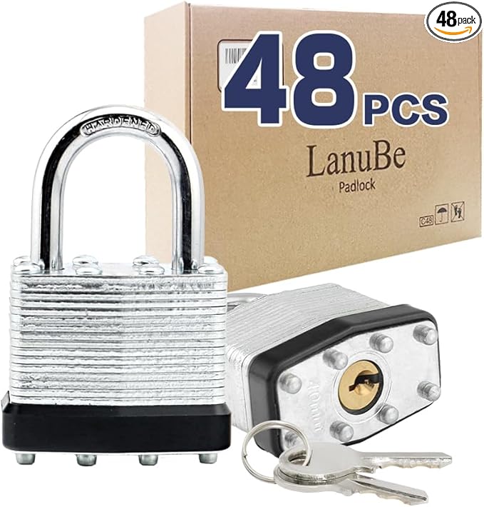 LanuBe Lock Laminated keyed Padlock (1-9/16", 40mm), keyed Alike Locks, Normal Shackle,Marked Black Plastic Hoop, Pack of 48