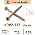 Deck Screws 2 1/2 inch, 500 Pcs Wood Screws #9 x 2-1/2", Rust Resistant, Construction Fence Exterior Screws, Torx Head Drive, 2 Pcs T25 Star Bits Included, Brown