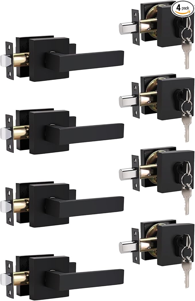 4 Pack Keyed Entry Door Lock with Deadbolt Set, Reversible Passage Lever and Keyed Alike Single Cylinder Deadbolt, Matte Black Square Handleset for Bedroom, Front Door