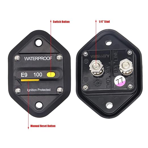 Hi-Amp 100 Amp Circuit Breaker with Manual Reset for Car Audio RV Truck Boat Marine, DC 12V - 48V | Waterproof IP67 Protection 100A Panel Mount