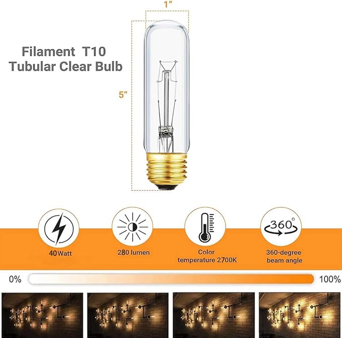 40 Watt T10 Clear Tubular Incandescent Light Bulb, Vintage Style Showcase Bulb,Showcase lamp, 2700K Soft White, E26 Medium Base, 280 Lumens (T-T10-25)