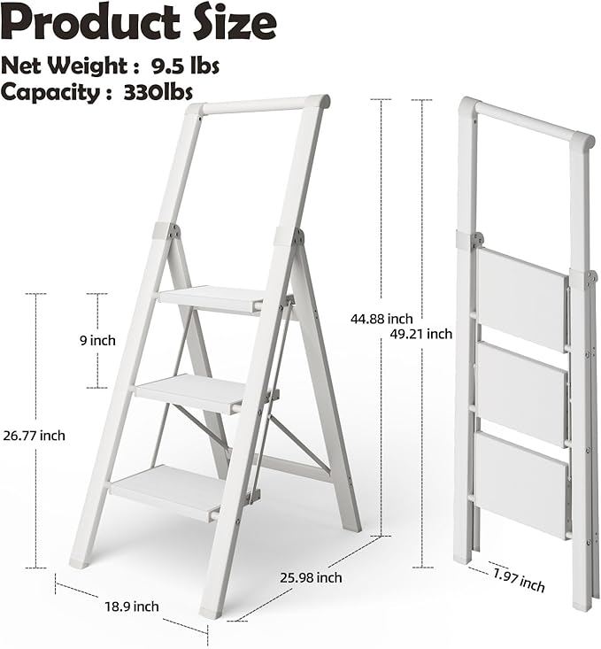 Taranta 3 Step Ladder, Portable Folding Ladder with Wide Pedal, Lightweight Aluminum Step Stool with Convenient Handgrip, 330 lbs Capacity Stepladder for Home, Office - White