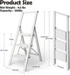 Taranta 3 Step Ladder, Portable Folding Ladder with Wide Pedal, Lightweight Aluminum Step Stool with Convenient Handgrip, 330 lbs Capacity Stepladder for Home, Office - White