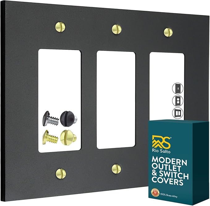 RIO SALTO Modern Metal Matte Black Triple Decorator Wall Outlet Cover Light Switch Cover Double Rocker Decora Electrical Decorator Wall Plate Electric Outlet Covers Black Receptacle - Midsize 3 Gang